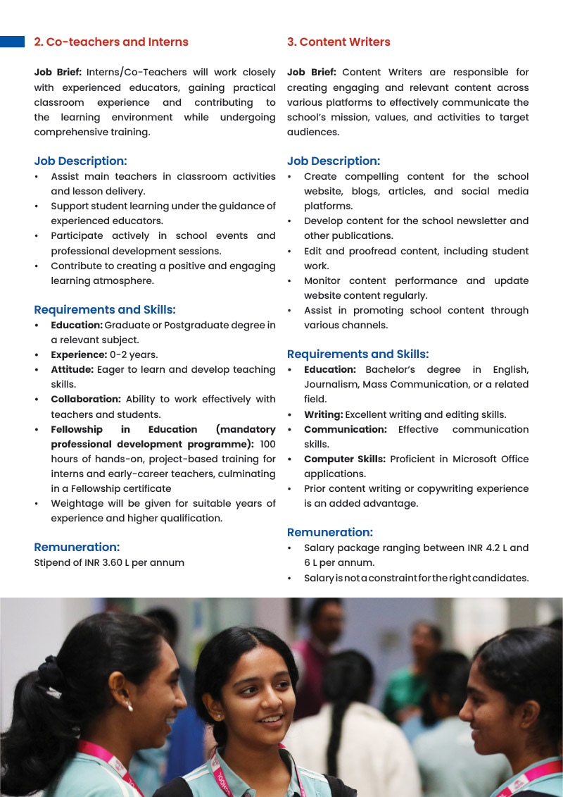Career Opportunities for 2025-2026: 2. Co-teachers and Interns. and 3. Content Writers
